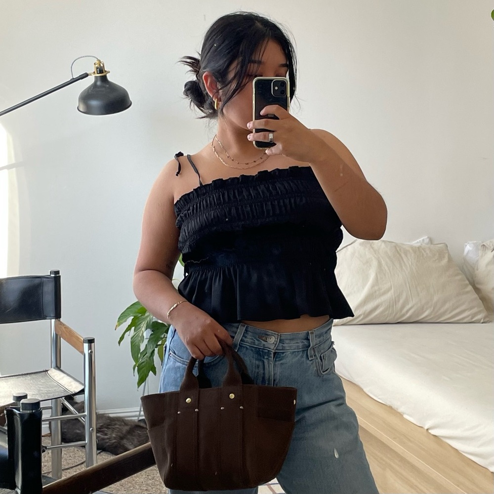 Clare V Dark Brown Canvas Mini Tote with Brass Studs